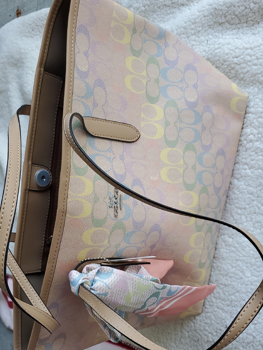 Coach Pastel Pink Signature Canvas Tote with Scarf Accent - Picture 5 of 16